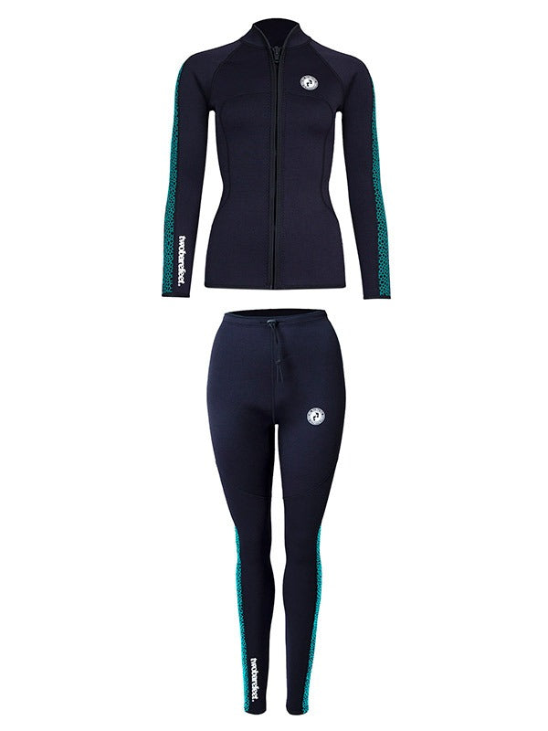 Two Bare Feet Womens Silicone Print Series 2.5mm Wetsuit Jacket & Pants Set (Black/Mint)