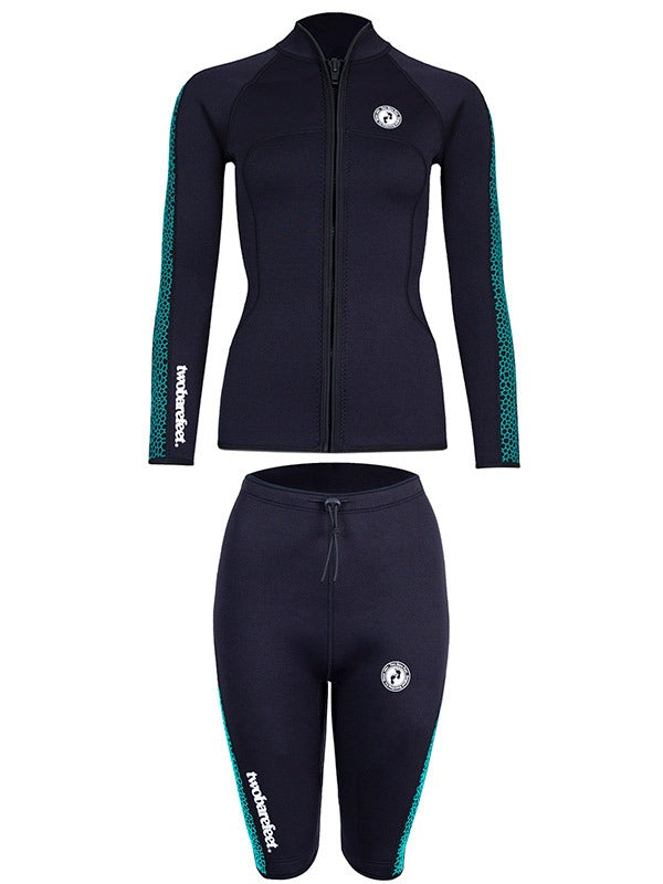 Two Bare Feet Womens Silicone Print Series 2.5mm Wetsuit Jacket & Shorts Set (Black/Mint)
