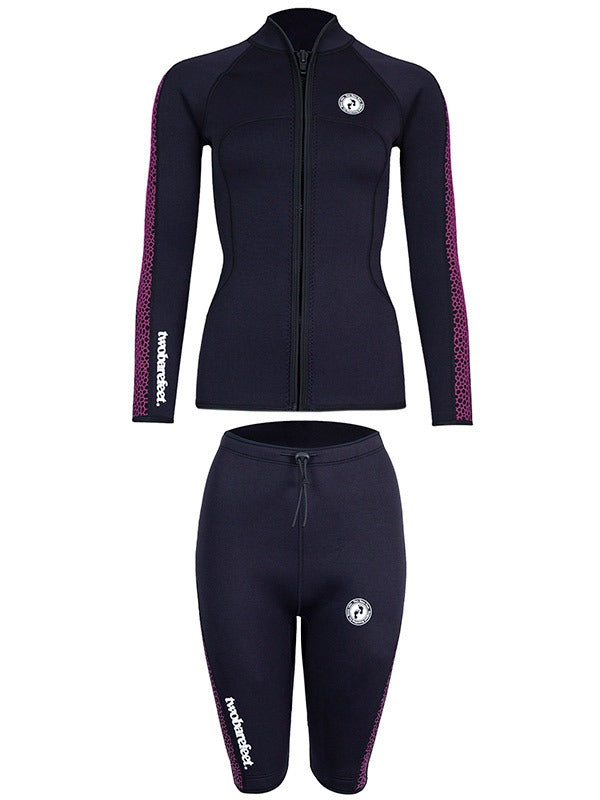 Two Bare Feet Womens Silicone Print Series 2.5mm Wetsuit Jacket & Shorts Set (Black/Raspberry)
