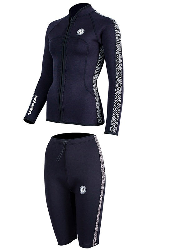 Two Bare Feet Womens Silicone Print Series 2.5mm Wetsuit Jacket & Shorts Set (Black/White)