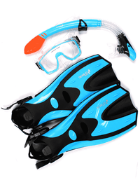 Two Bare Feet Adult Silicone Mask, Dry Top Snorkel & F70 Fins 3 Piece Set 1 (Aqua)