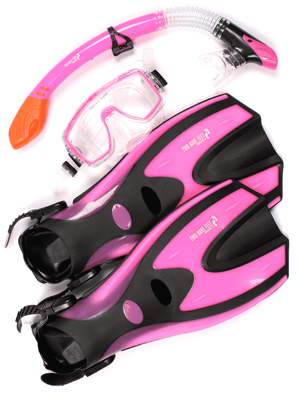 Two Bare Feet Adult Silicone Mask, Dry Top Snorkel & F70 Fins 3 Piece Set 1 (Pink)