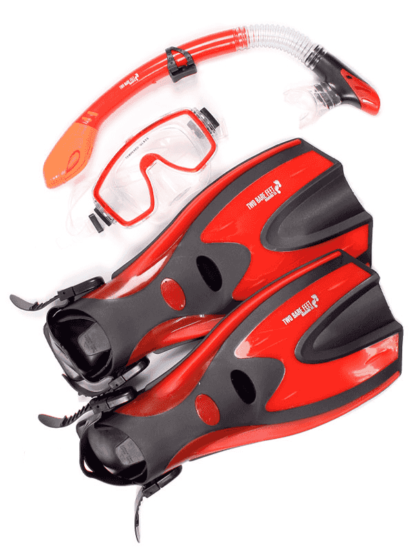 Two Bare Feet Adult Silicone Mask, Dry Top Snorkel & F70 Fins 3 Piece Set 1 (Red)