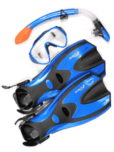 Two Bare Feet Adult Silicone Mask, Dry Top Snorkel & F70 Fins 3 Piece Set 2 (Blue)
