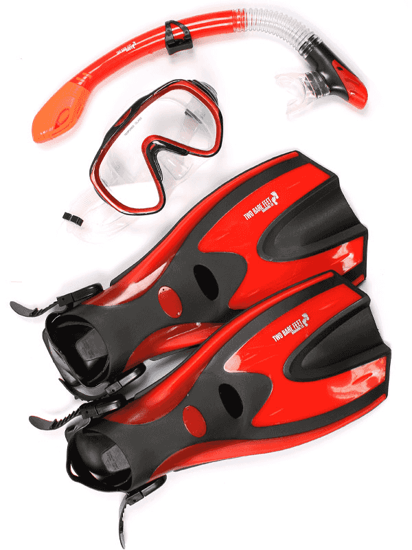 Two Bare Feet Adult Silicone Mask, Dry Top Snorkel & F70 Fins 3 Piece Set 2 (Red)