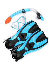 Two Bare Feet Adult Silicone Mask, Dry Top Snorkel & F70 Fins 3 Piece Set 3 (Aqua)