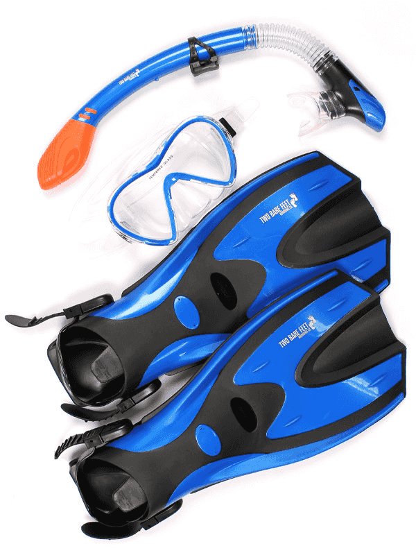 Two Bare Feet Adult Silicone Mask, Dry Top Snorkel & F70 Fins 3 Piece Set 3 (Blue)