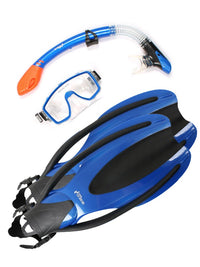 Two Bare Feet Adult Silicone Mask, Dry Top Snorkel & F75 Fins 3 Piece Diving Set 1 (Blue)