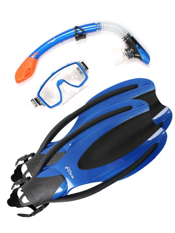 Two Bare Feet Adult Silicone Mask, Dry Top Snorkel & F75 Fins 3 Piece Diving Set 1 (Blue)