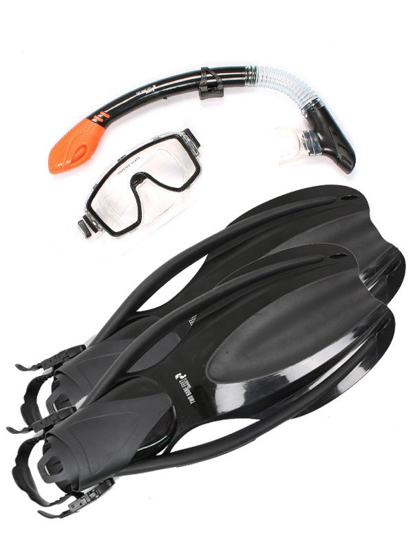 Two Bare Feet Adult Silicone Mask, Dry Top Snorkel & F75 Fins Piece Diving Set 1 (Black)