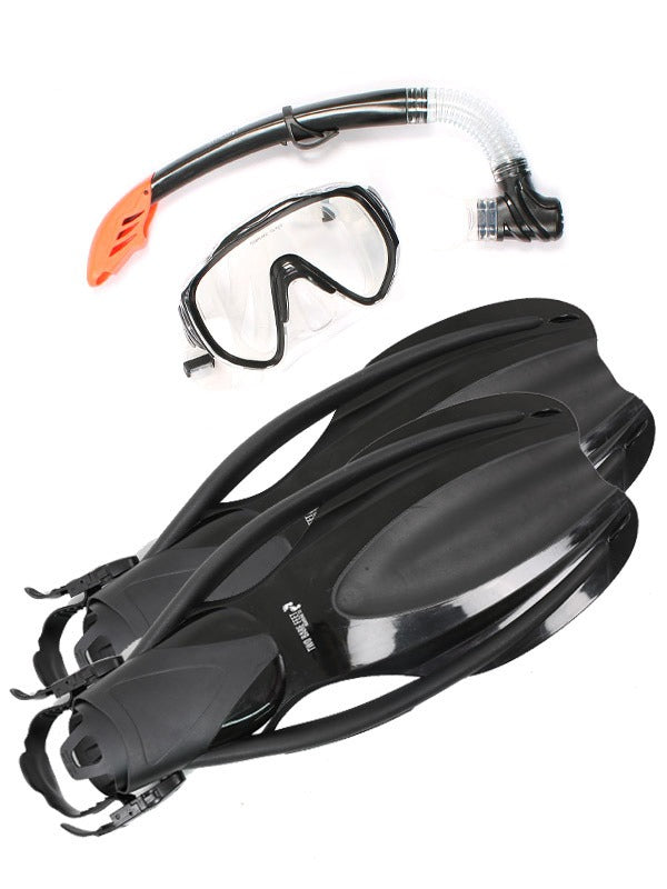 Two Bare Feet Adult Silicone Mask, Snorkel & F75 Fins Piece Diving Set 2 (Black)