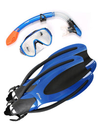 Two Bare Feet Adult Silicone Mask, Dry Top Snorkel & F75 Fins 3 Piece Diving Set 2 (Blue)