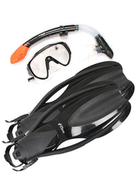 Two Bare Feet Adult Silicone Mask, Dry Top Snorkel & F75 Fins 3 Piece Diving Set 2 (Black)