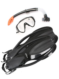 Two Bare Feet Adult Silicone Mask, Snorkel & F75 Fins Piece Diving Set 2 (Black)