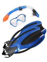 Two Bare Feet Adult Silicone Mask, Dry Top Snorkel & F75 Fins 3 Piece Diving Set 3 (Blue)