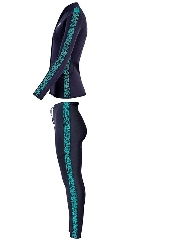 Two Bare Feet Womens Silicone Print Series 2.5mm Wetsuit Jacket & Pants Set (Black/Mint)