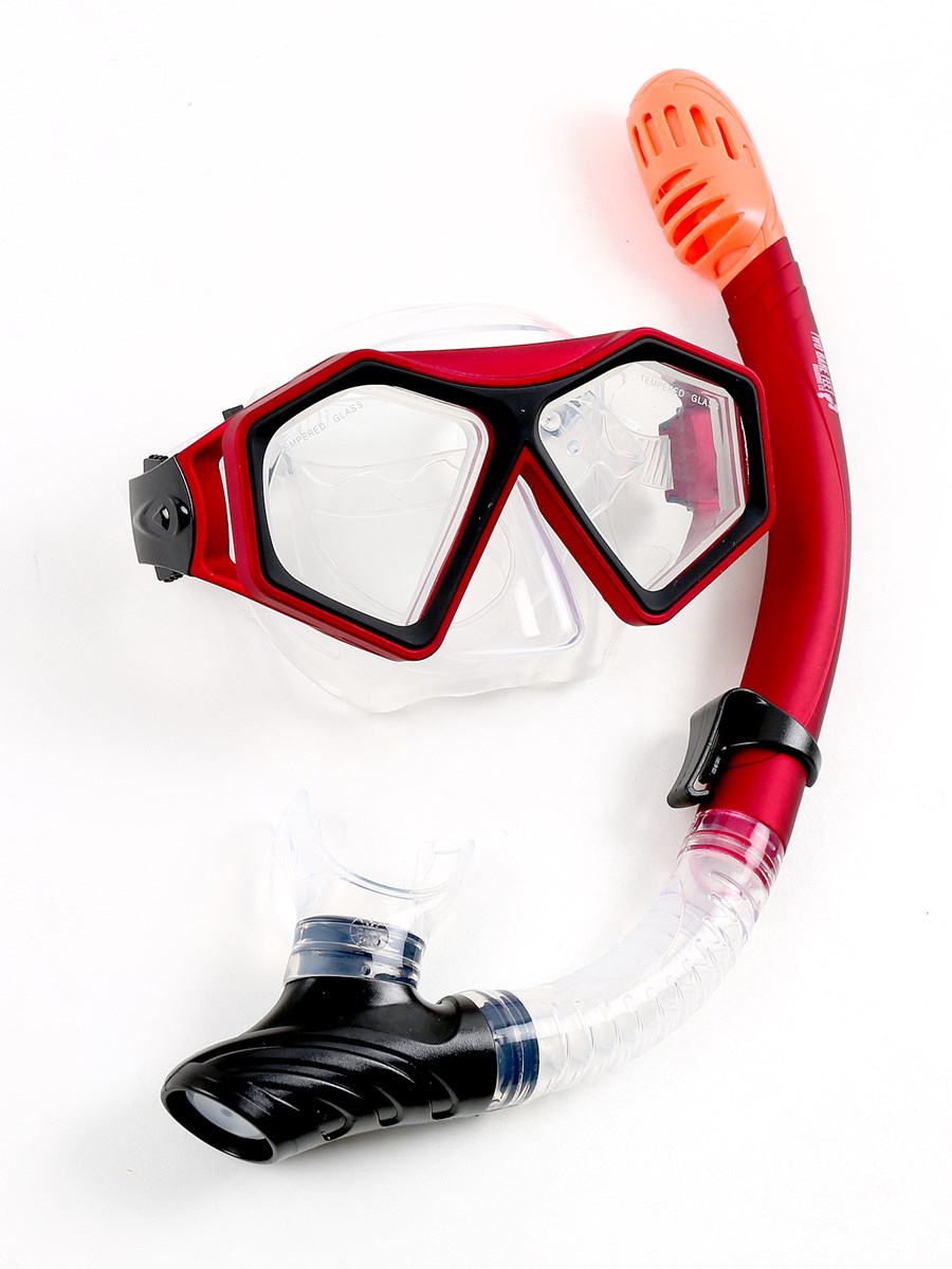 DiveSport Silicone Mask & Dry Top Snorkel 2pc Set (Red / Clear)