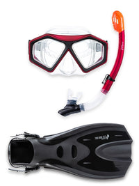 DiveSport Silicone Mask Dry Top Snorkel & F70 Fins 3pc Set (Red / Clear)