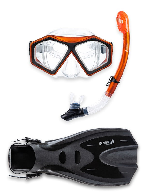 DiveSport Silicone Mask Dry Top Snorkel & F70 Fins 3pc Set (Orange / Clear)