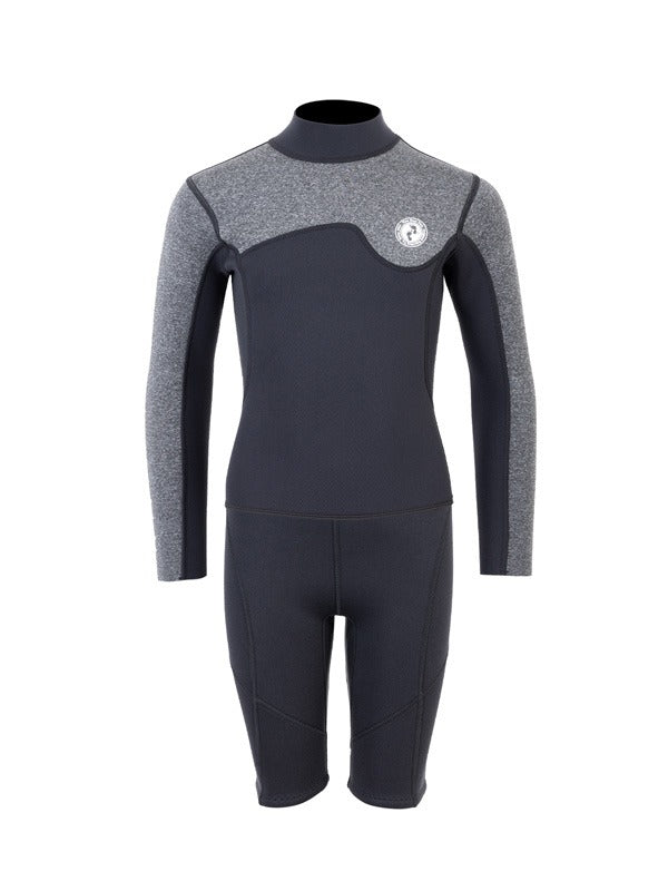 Two Bare Feet Junior Aspect Fleece Lined Zipless Thermal 2.5mm Superstretch Wetsuit Top & Shorts Set (Black/Grey)