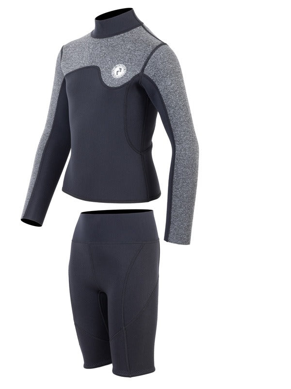 Two Bare Feet Junior Aspect Fleece Lined Zipless Thermal 2.5mm Superstretch Wetsuit Top & Shorts Set (Black/Grey)