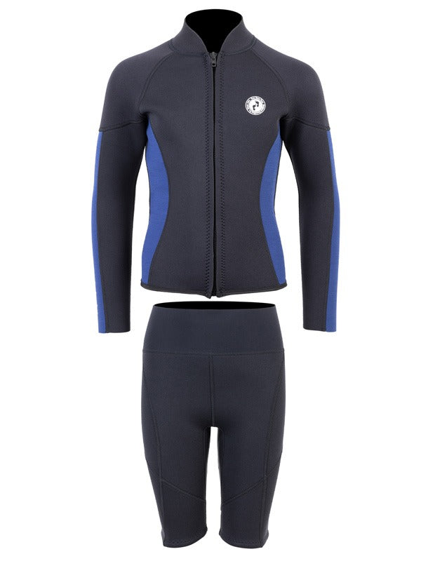 Two Bare Feet Junior Perspective Full Zip 2.5mm Wetsuit Jacket and Shorts Set (Black/Blue)