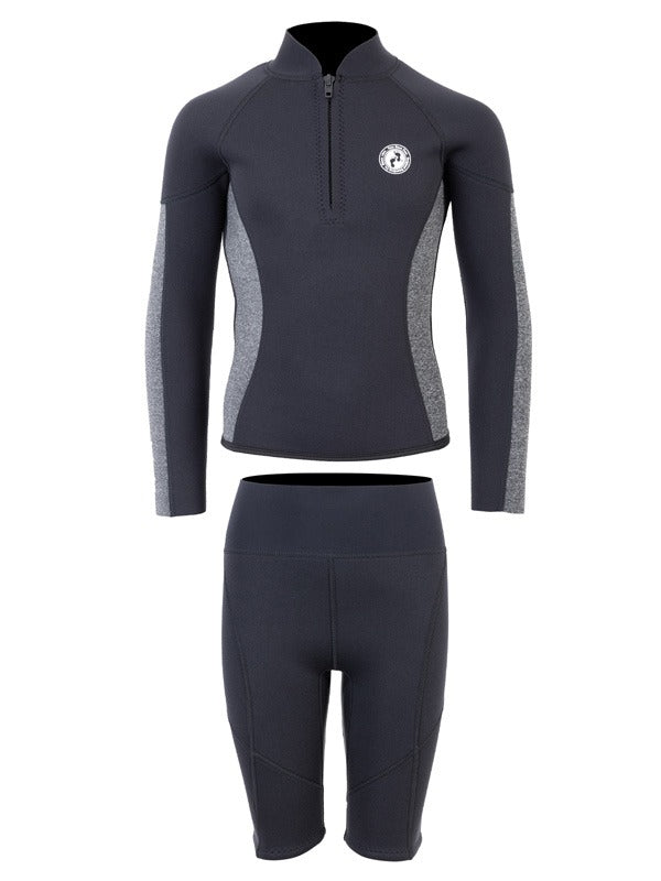 Two Bare Feet Junior Perspective Half Zip 2.5mm Wetsuit Jacket and Shorts Set (Black/Grey)