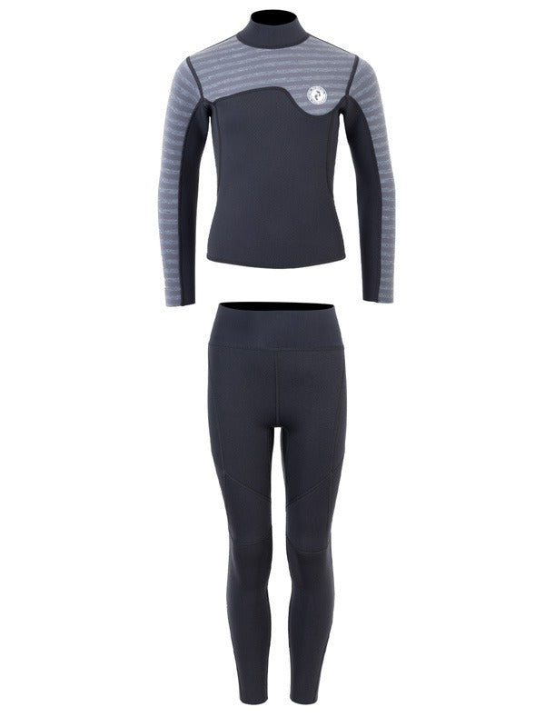 Two Bare Feet Junior Aspect Fleece Lined Zipless Thermal 2.5mm Superstretch Wetsuit Top & Pants Set (Black/Grey Stripes)