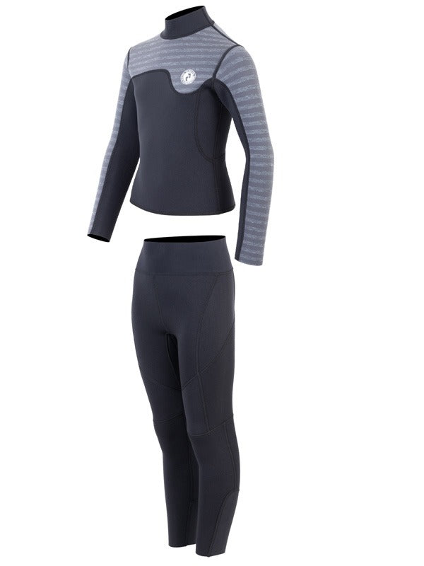 Two Bare Feet Junior Aspect Fleece Lined Zipless Thermal 2.5mm Superstretch Wetsuit Top & Pants Set (Black/Grey Stripes)