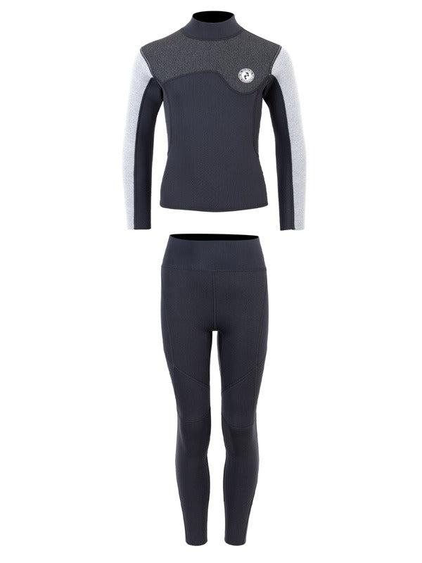 Two Bare Feet Junior Aspect Fleece Lined Zipless Thermal 2.5mm Superstretch Wetsuit Top & Pants Set (Black/Grey/Grey)