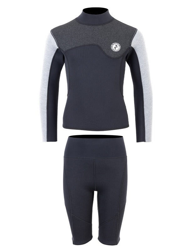 Two Bare Feet Junior Aspect Fleece Lined Zipless Thermal 2.5mm Superstretch Wetsuit Top & Shorts Set (Black/Grey/Grey)