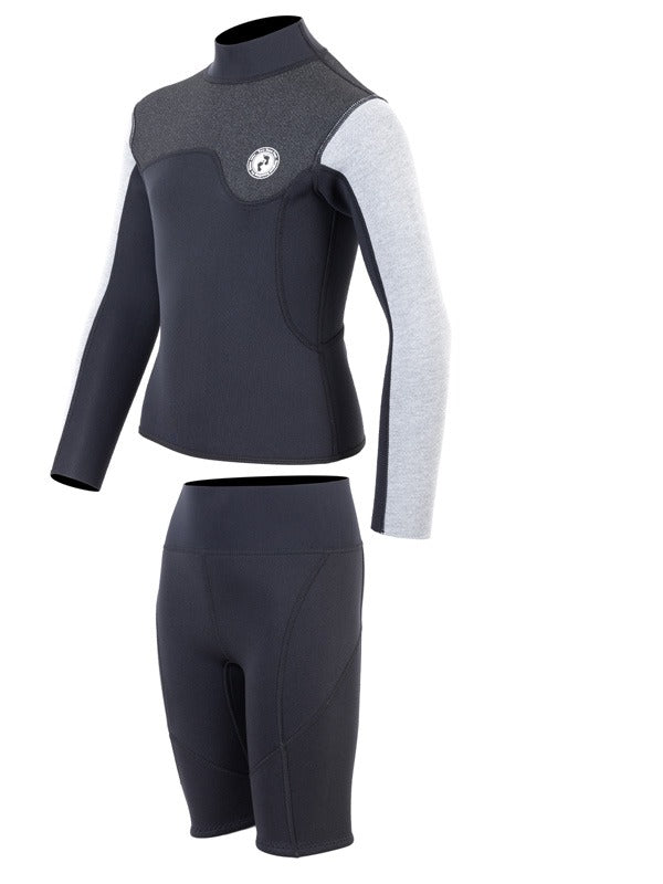 Two Bare Feet Junior Aspect Fleece Lined Zipless Thermal 2.5mm Superstretch Wetsuit Top & Shorts Set (Black/Grey/Grey)
