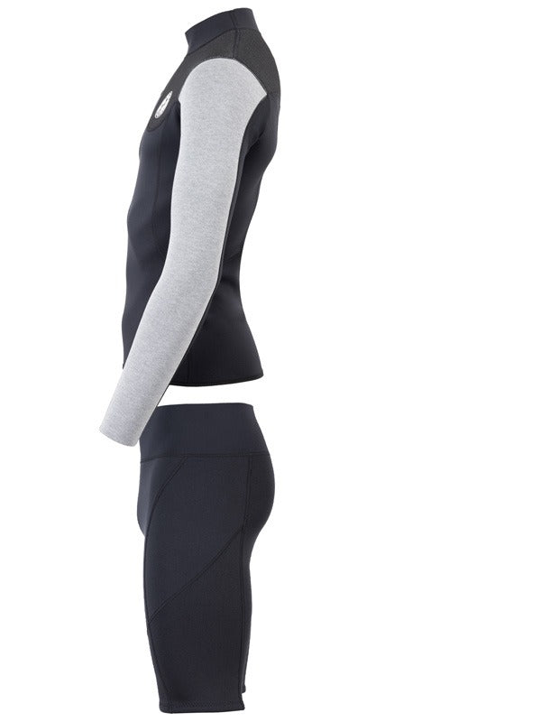Two Bare Feet Mens Aspect Fleece Lined Zipless Thermal 2.5mm Superstretch Wetsuit Top & Shorts Set (Black/Grey/Grey)