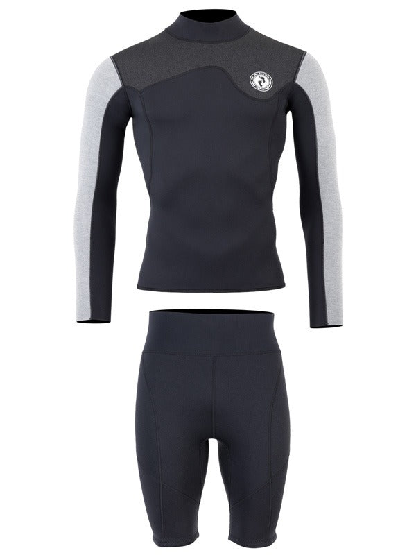 Two Bare Feet Mens Aspect Fleece Lined Zipless Thermal 2.5mm Superstretch Wetsuit Top & Shorts Set (Black/Grey/Grey)