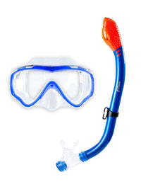 Childrens Silicone Mask Dry Top Snorkel Fins 3Pc Diving Set (Blue)