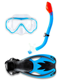 Childrens Silicone Mask Dry Top Snorkel Fins 3Pc Diving Set (Aqua)