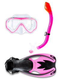 Childrens Silicone Mask Dry Top Snorkel Fins 3Pc Diving Set (Pink)