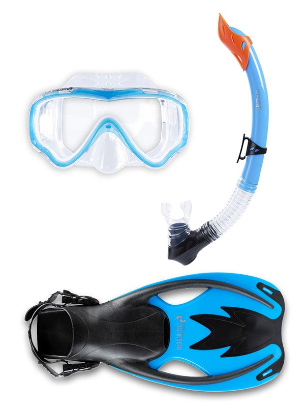Childrens Silicone Mask Snorkel Fins 3Pc Diving Set (Aqua)