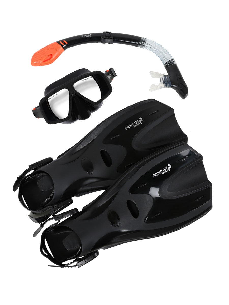 Two Bare Feet Adult Silicone Dry Top Snorkel, Mask & F70 fins Set (Black)