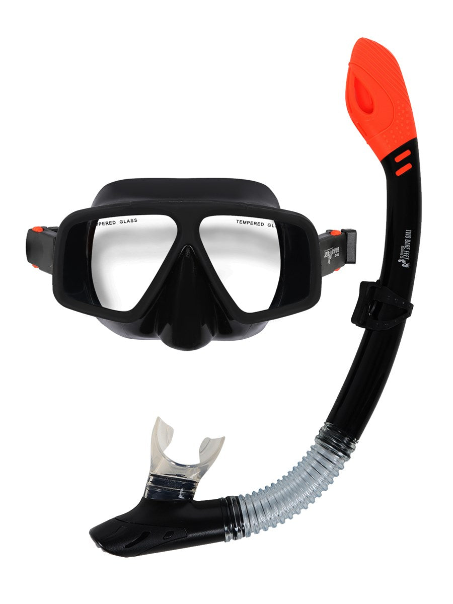 Two Bare Feet Adult Silicone Dry Top Snorkel & Mask Set (Black)