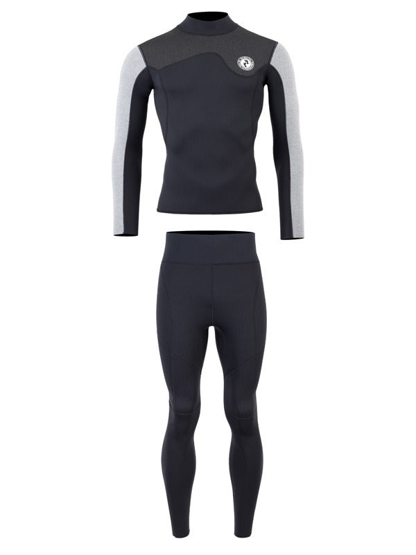 Two Bare Feet Mens Aspect Fleece Lined Zipless Thermal 2.5mm Superstretch Wetsuit Top & Pants Set (Black/Grey/Grey)
