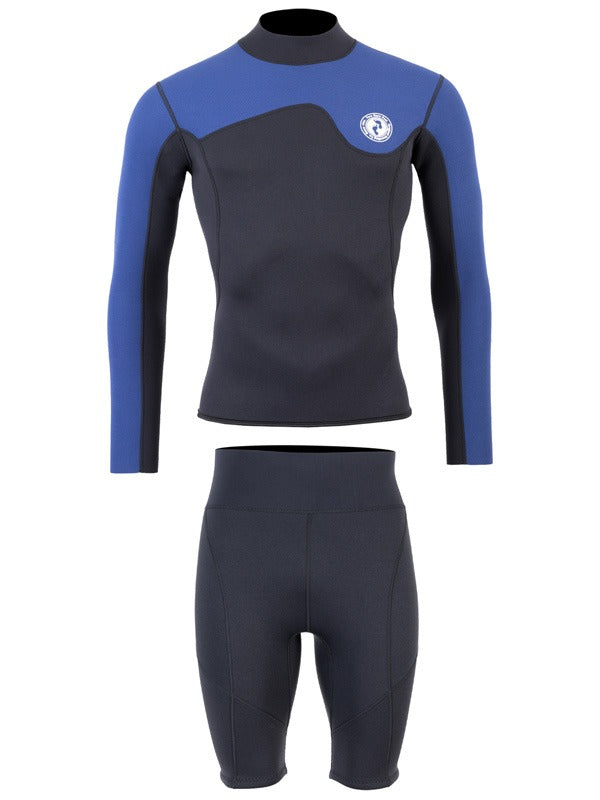 Two Bare Feet Mens Aspect Back Zip 2.5mm Wetsuit Jacket & Shorts Set (Black/Blue)
