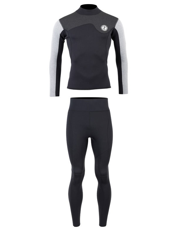 Two Bare Feet Mens Aspect Back Zip 2.5mm Wetsuit Jacket & Pants Set (Black/Grey/Grey)