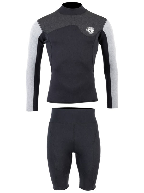Two Bare Feet Mens Aspect Back Zip 2.5mm Wetsuit Jacket & Shorts Set (Black/Grey/Grey)