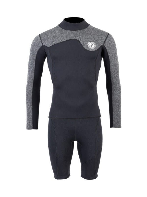 Two Bare Feet Mens Aspect Fleece Lined Zipless Thermal 2.5mm Superstretch Wetsuit Top & Shorts Set (Black/Grey)