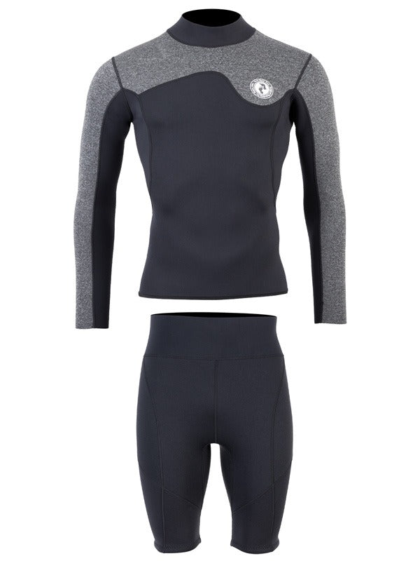 Two Bare Feet Mens Aspect Fleece Lined Zipless Thermal 2.5mm Superstretch Wetsuit Top & Shorts Set (Black/Grey)