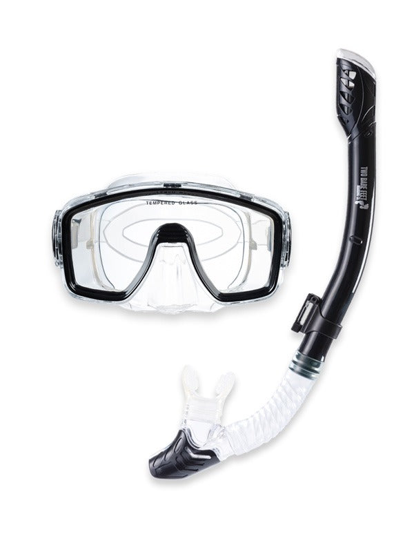 Two Bare Feet Adult Silicone Mask, Dry Top Snorkel & F70 Fins 3 Piece Set 1 (Black)