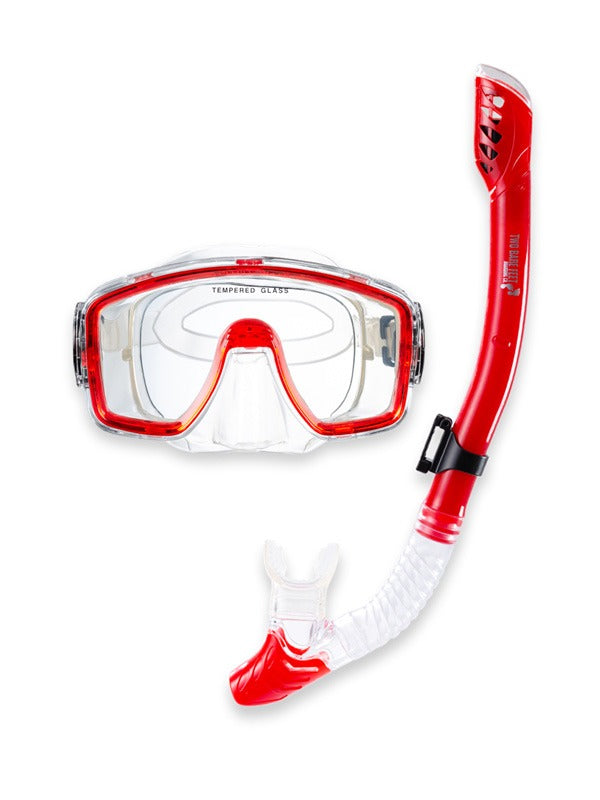 Pro Dive Series Silicone Mask, Dry Top Snorkel & F70 Fins 3 Piece Set 1 (Red)