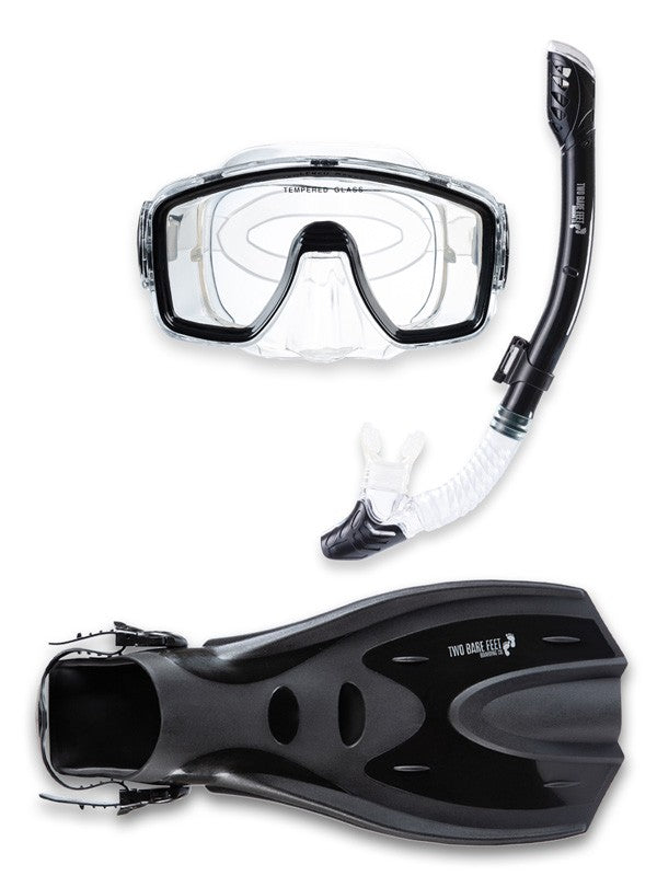 Pro Dive Series Silicone Mask, Dry Top Snorkel & F70 Fins 3 Piece Set 1 (Black)