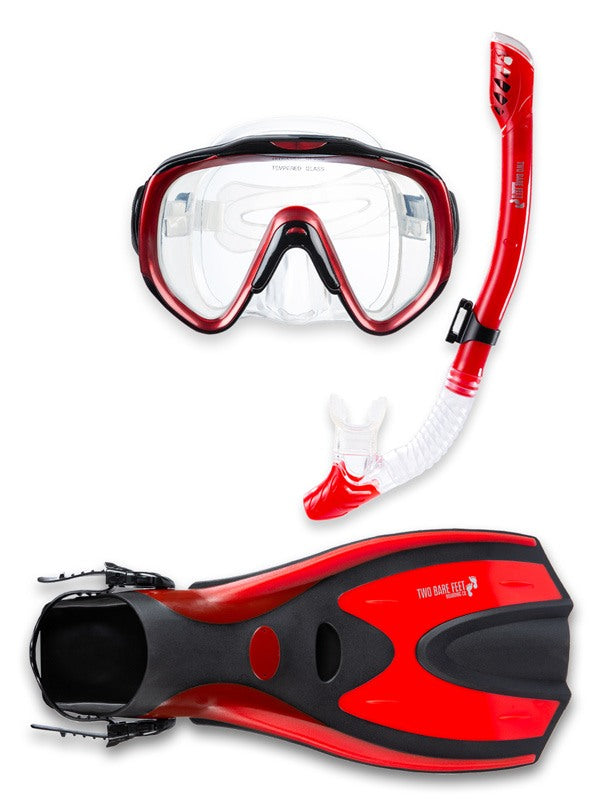 Pro Dive Series Silicone Mask, Dry Top Snorkel & F70 Fins 3 Piece Set 2 (Red)
